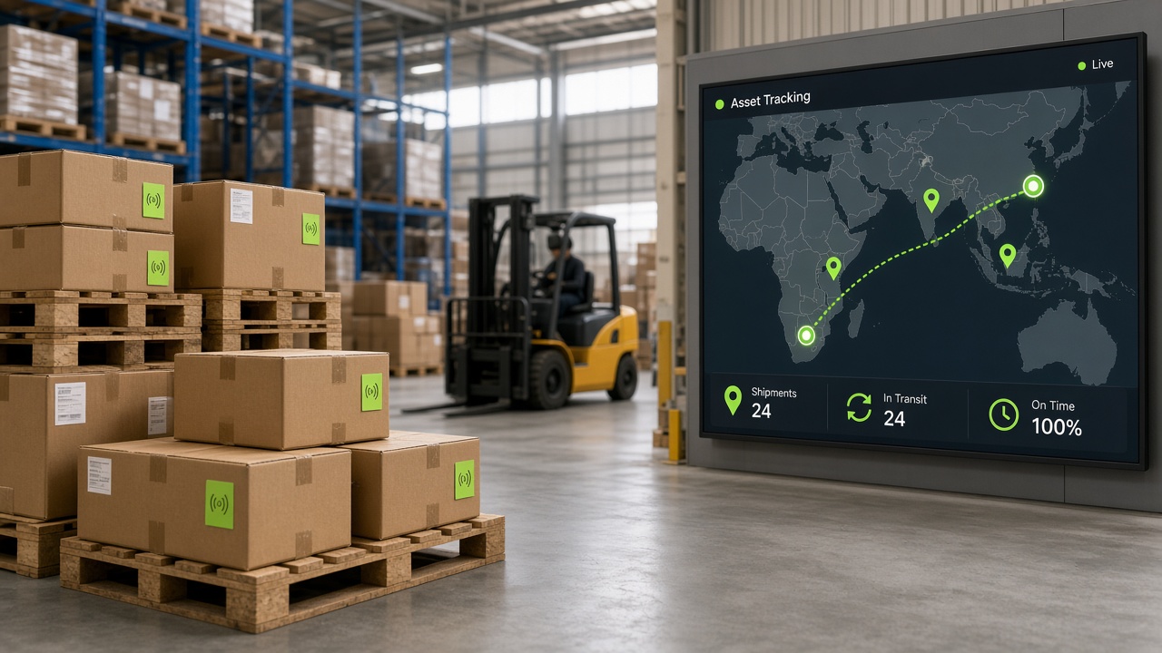 Warehouse pallets with tracking tags and a world map